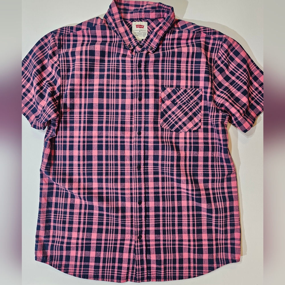 Levis Button Down Shirt Mens Size XL‎ Pink Blue Plaid Button Down